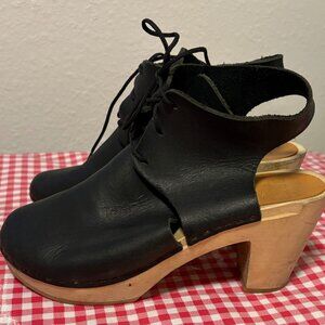 Bryr Sophie Black Leather Tie Mid-Heel Clog Shoes Size 36